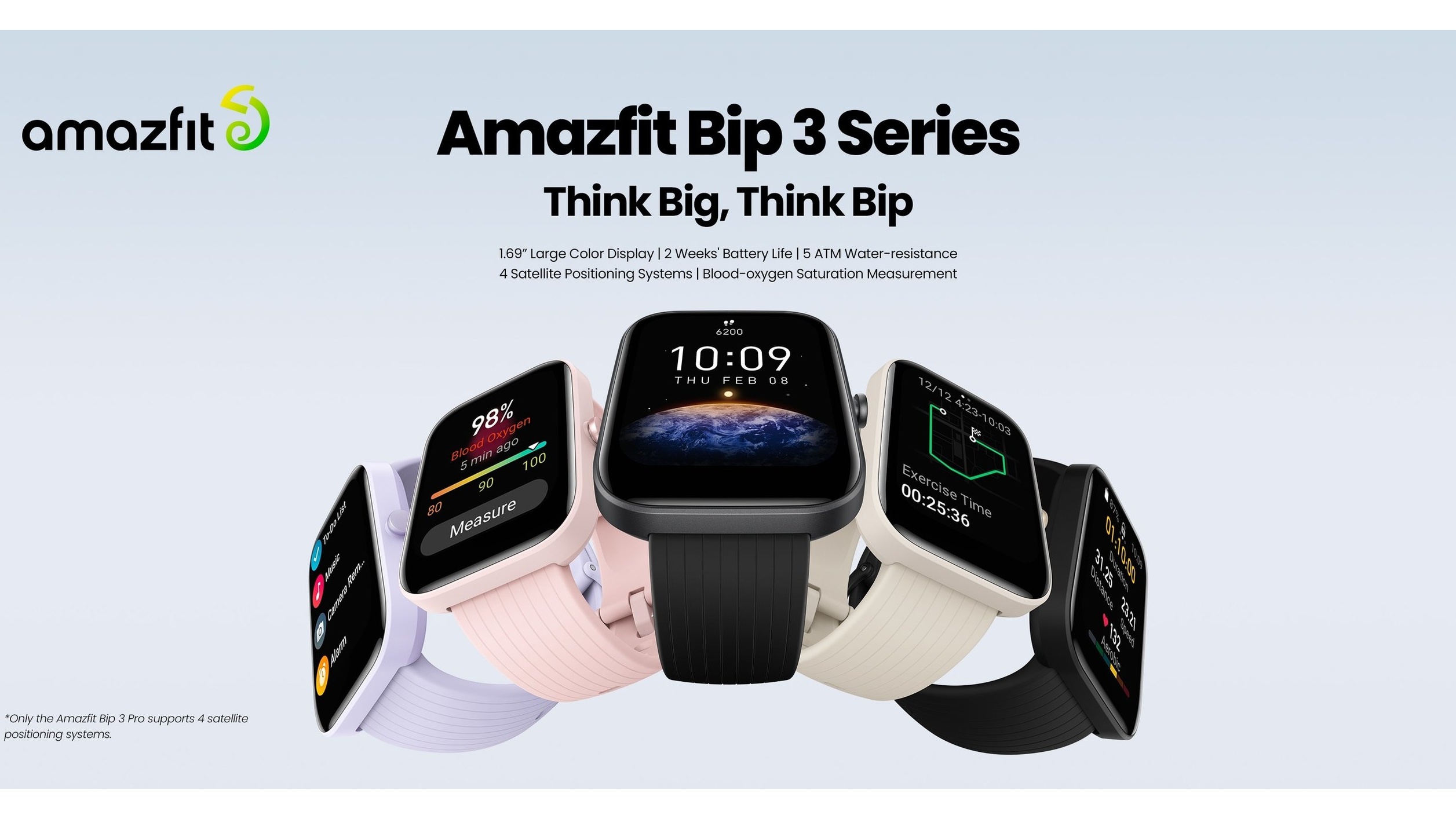 Amazfit Bip 3 Pro smartwatch showing colorful display with fitness stats
