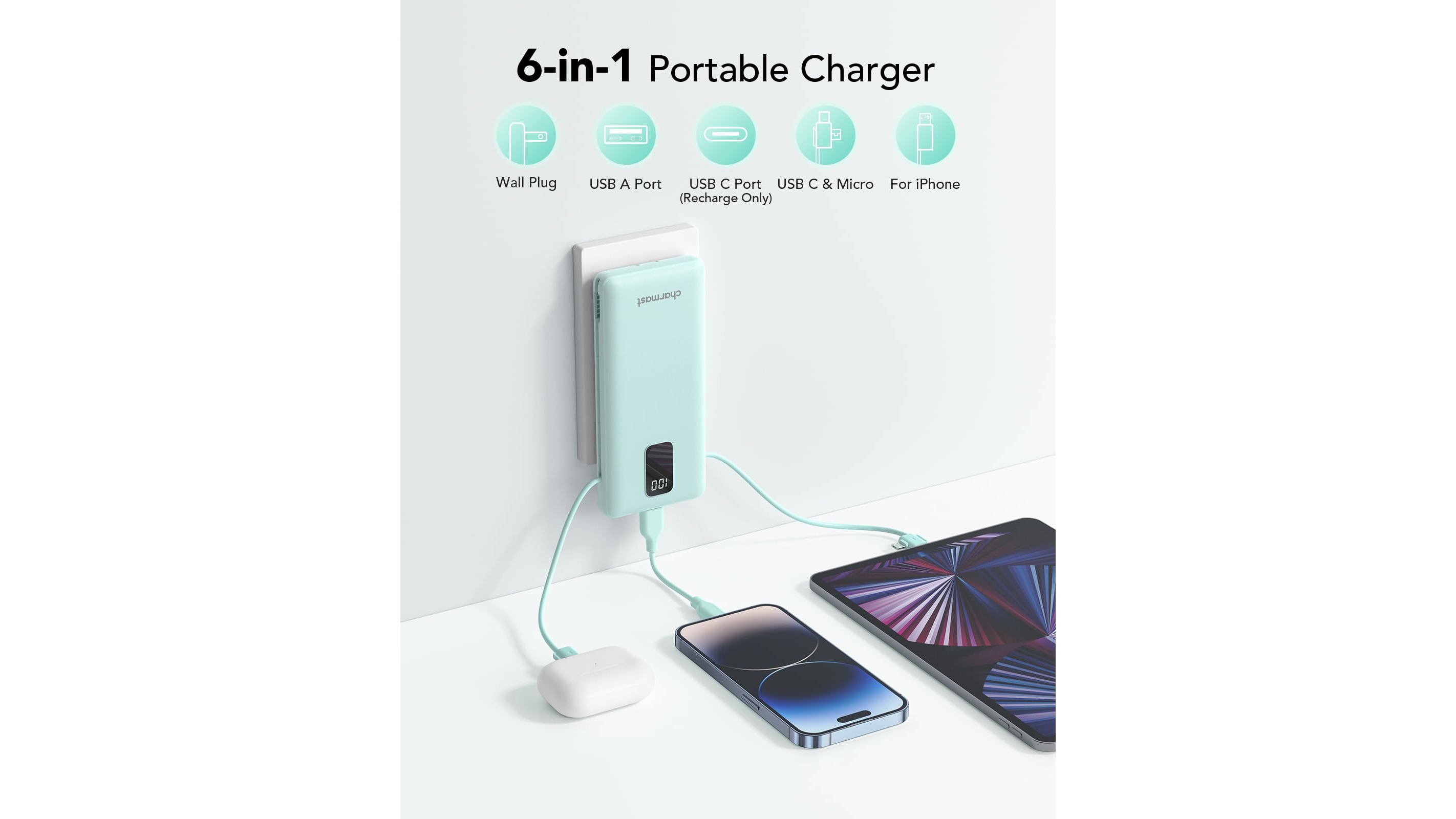 Charmast 10400mAh power bank with built-in Lightning, USB-C, and Micro-USB cables