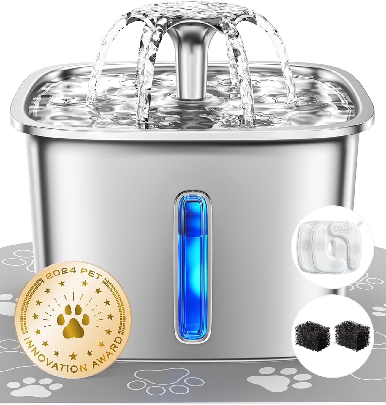 Veken stainless steel pet water fountain with triple filtration and 2024 Pet Innovation Award